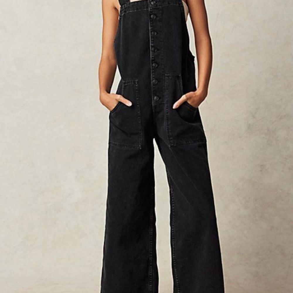 Free People Black Field of Flowers Wide Leg Overalls
